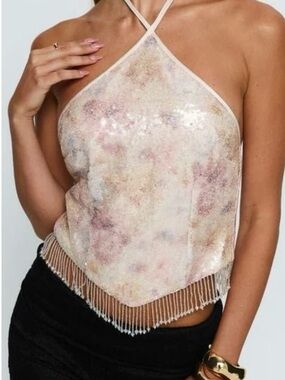 Princess Polly Blush Multi Sequin Fringe Halter Cami